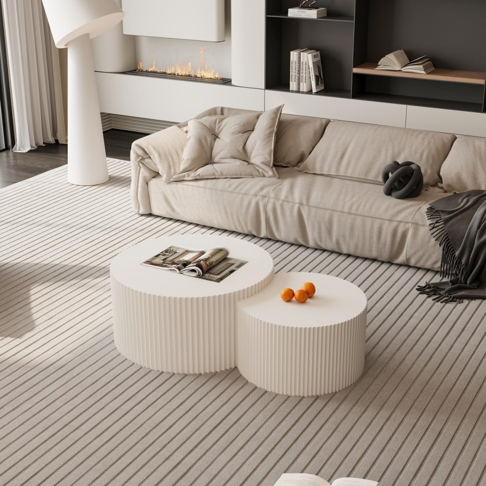 Brilluxa Nesting Coffee Table Set of 2, Vertical Stripe Design, Beige | Two-Piece Nesting Tables with Vertical Stripe Detailing for Living Rooms and Bedrooms