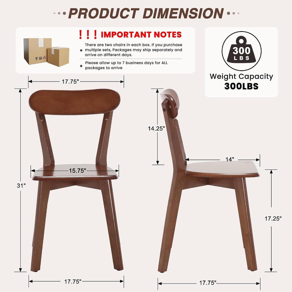 HNY Farmhouse Solid Wood Dining Chairs Set of 6, Mid Century Modern Armless Kitchen & Dining Room Chairs with Curved Back, 300 LBS Capacity, Walnut for Home, Apartment