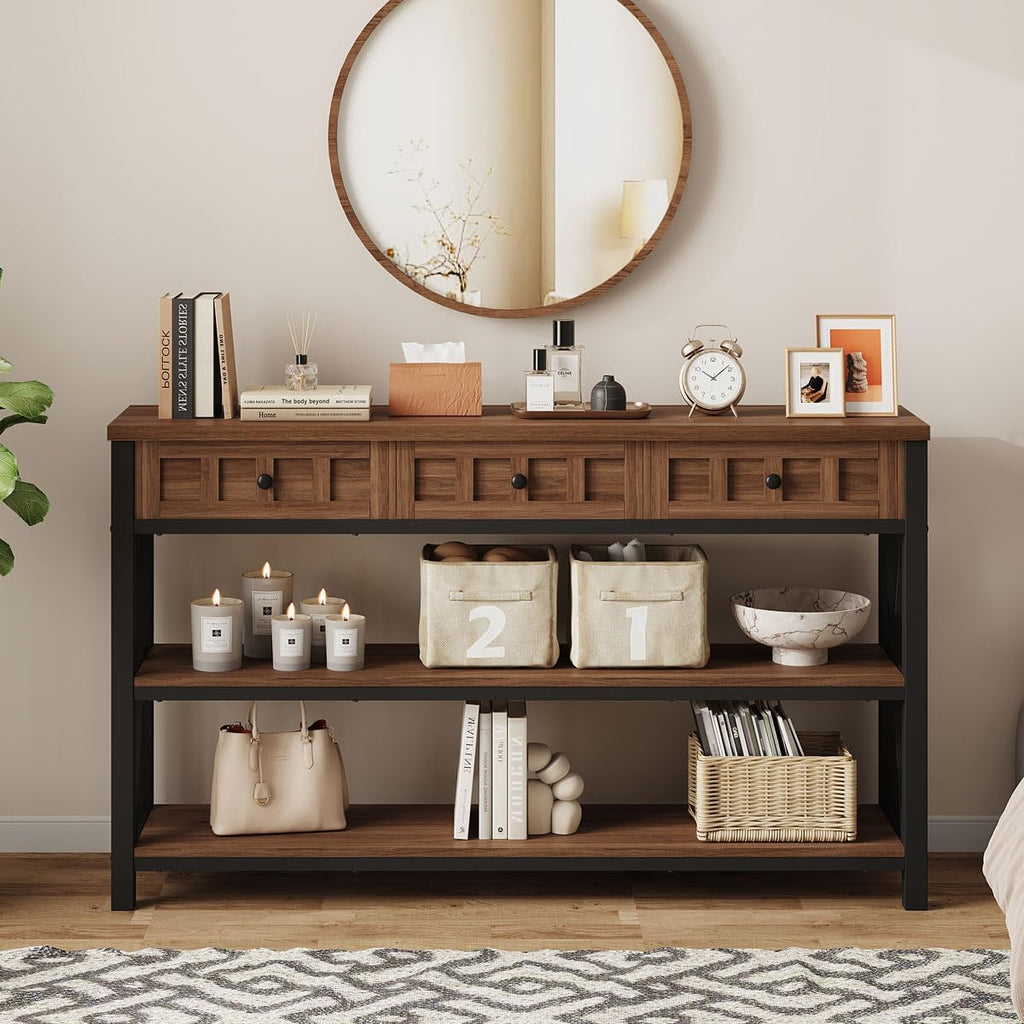 FATORRI Console Table for Entryway, Farmhouse Sofa Table with 3 Drawers for Living Room, Wood and Metal Hallway Tables with Storage and Couch Tables Behind Sofa (54.72 Inch Long, Medium Walnut)