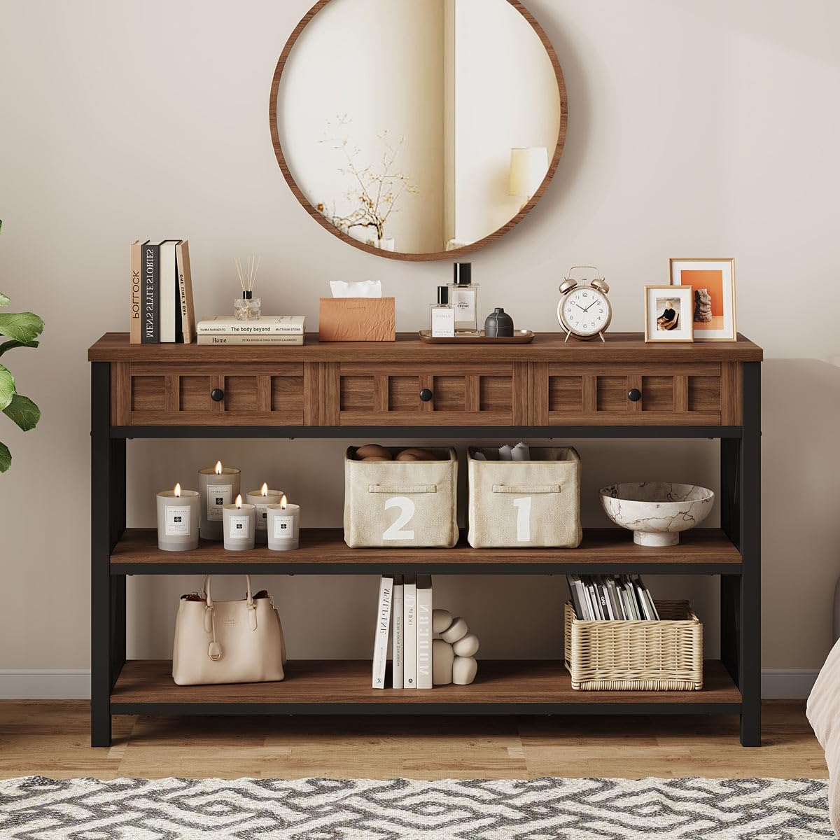 FATORRI Console Table for Entryway, Farmhouse Sofa Table with 3 Drawers for Living Room, Wood and Metal Hallway Tables with Storage and Couch Tables Behind Sofa (54.72 Inch Long, Medium Walnut)