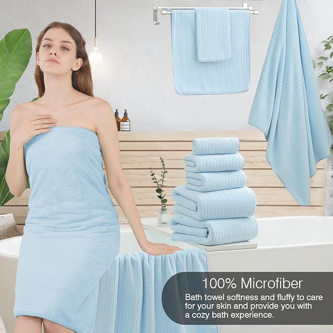 18 Piece Family Bath Towel Set Include 6 Bath Towels,6 Hand Towels and 6 Washcloths Soft Bathroom Towel with Hanging Loops,Highly Absorbent Quick Dry Towels Set for Bathroom,Hotel and Spa-Blue