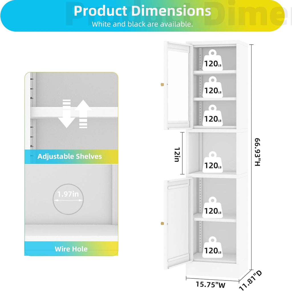 69" Tall Metal Pantry Cabinet with Microwave Stand,Microwave Storage Cabinet with 2 Doors & 3 Adjustable Shelves for Kitchen (2 Glass Doors-White, 11.81" D x 15.75" W x 66.93" H)