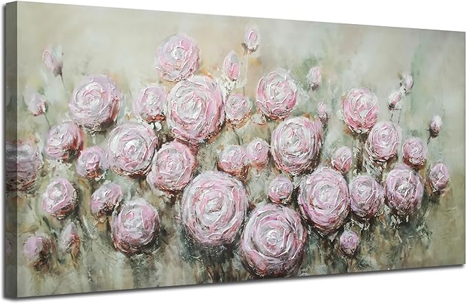 Arjun Pink Rose Wall Art Flower Canvas Painting 3D Textured Floral Silver Grey Artwork Living Room Modern Abstract Petals Tranquil Framed for Bedroom Home Office Wall Decor, Extra Large 58"x29"