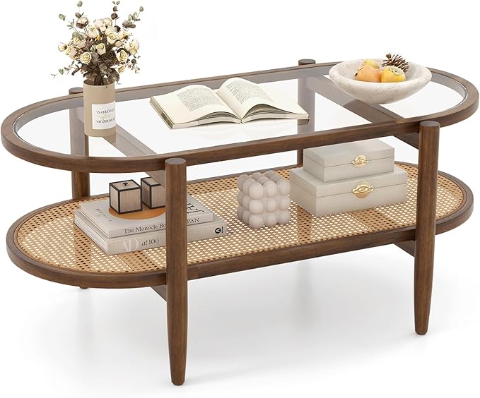 MAT EXPERT Rattan Coffee Table, 2 Tier Boho Oval Living Room Table w/Glass Tabletop Wood Frame & Storage Shelf, 40’’L Mid Century Modern Tea Table, Center Table for Living Room Home Office, Brown