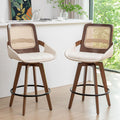 Mid Century Modern Counter Stools, Rattan Swivel Counter Stools with Back | Natural Bentwood Frame, Rattan Back, Walnut Finish, Faux Leather Upholstered Seat, Counter Chairs for Island, Kitchen, Cafe