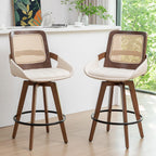 Mid Century Modern Counter Stools, Rattan Swivel Counter Stools with Back | Natural Bentwood Frame, Rattan Back, Walnut Finish, Faux Leather Upholstered Seat, Counter Chairs for Island, Kitchen, Cafe