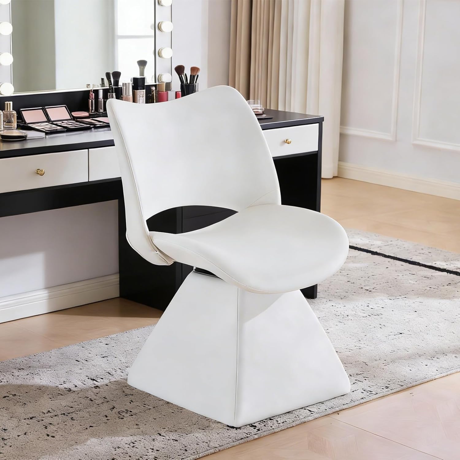 Swivel Dining Chair, Modern Faux Leather Kitchen Chair, Upholstered Armless Side Chair with Metal Base for Dining Room, Desk, Vanity, 1 PCS (White)
