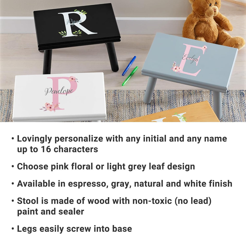 Let's Make Memories Personalized Step Stool- Name and Initial- Wood- Floral Design- White- Ages 3+