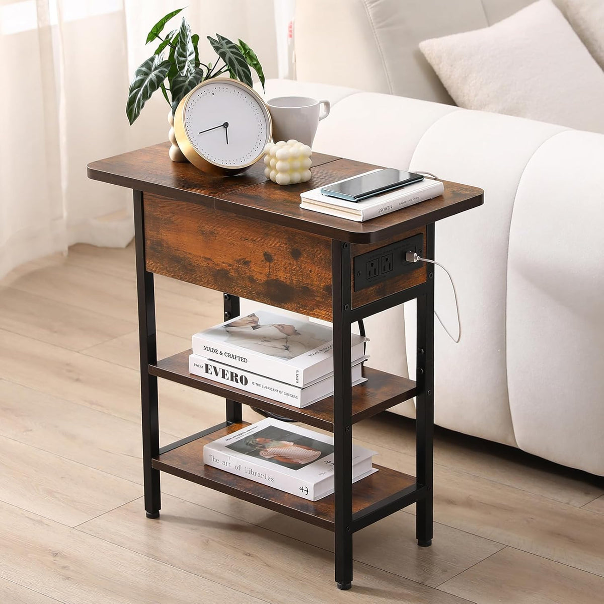 End Table with Charging Station, Narrow Side Table with USB Ports & Outlets, Flip-Top Nightstand with Storage Shelf, Small Bedside Table for Living Room, Bedroom, Small Space,Rustic Brown