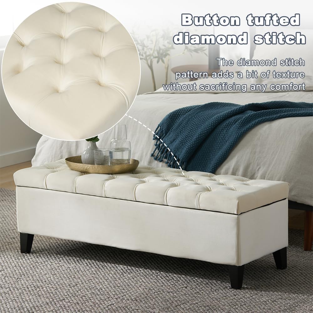 51" Storage Ottoman Bench, Foot Rest with Legs - Beige Button Tufted Storage Ottoman End of Bed with Safety Hinges, Entryway Bedroom Bench for Living, Dining Room and Hallway