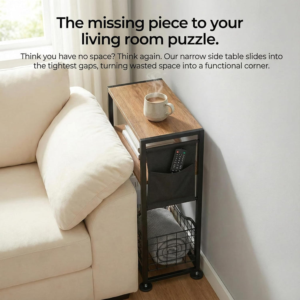 Skinny Side Table with Storage, 3 Tier Slim Side Tables for Small Spaces, Skinny End Table Narrow Bedside Table Narrow Side Table for Living Room, Bedroom