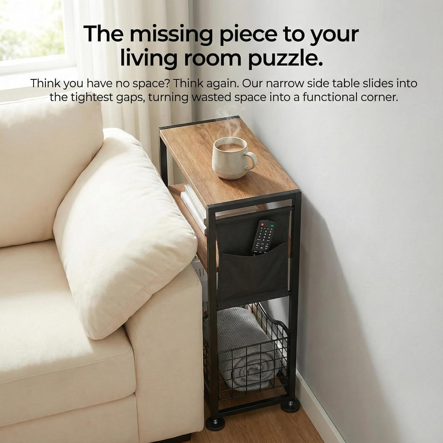 Skinny Side Table with Storage, 3 Tier Slim Side Tables for Small Spaces, Skinny End Table Narrow Bedside Table Narrow Side Table for Living Room, Bedroom