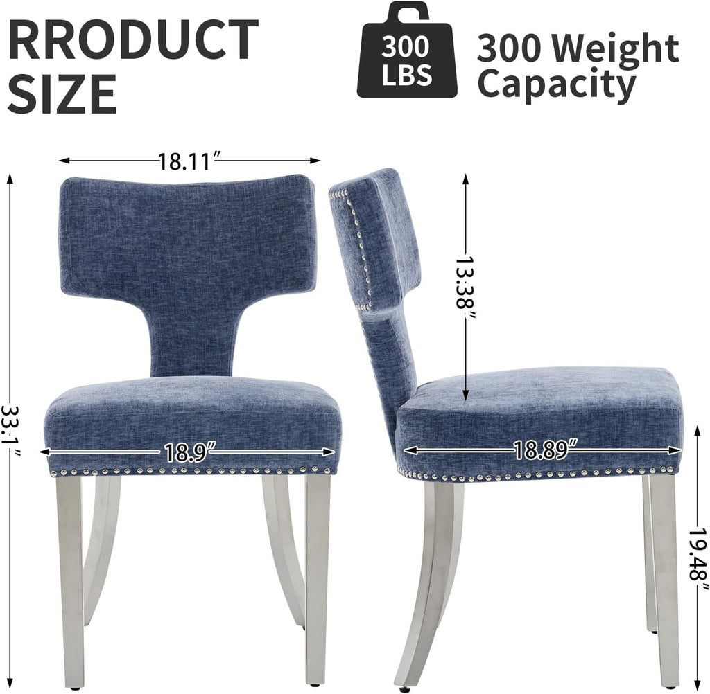 Shenyon Mid Century Modern Dining Chairs Set of 4, Chenille Fabric Upholstered Dining Room Chairs Curved Backrest with Nailhead Trim, Kitchen Chairs with Silver Stainless Steel Legs, Blue