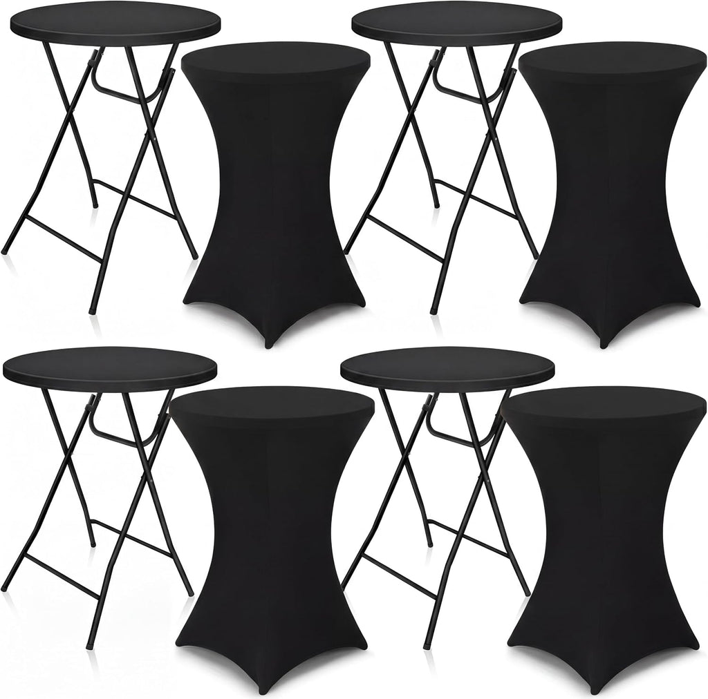 Wenqik 4 Sets 32"x43" High Top Folding Cocktail Tables & Cover,Black | Bar Height Portable Stands with Spandex Covers, Removable Legs for Easy Storage, Ideal for Parties Weddings Events