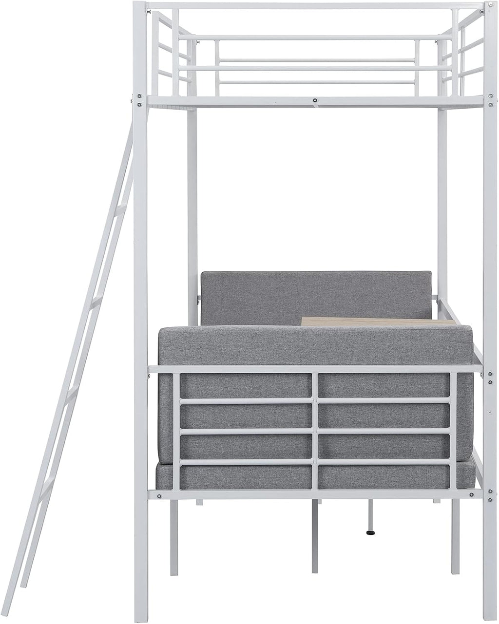 Twin Size Metal Loft Bed with Built-in Wooden Table and Upholstery Chairs Set for Kids Teens, Full Length Guardrails Inclined Ladder, Bedroom, Dorm, Space Saving (White-with Built-in Table)