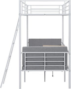 Twin Size Metal Loft Bed with Built-in Wooden Table and Upholstery Chairs Set for Kids Teens, Full Length Guardrails Inclined Ladder, Bedroom, Dorm, Space Saving (White-with Built-in Table)
