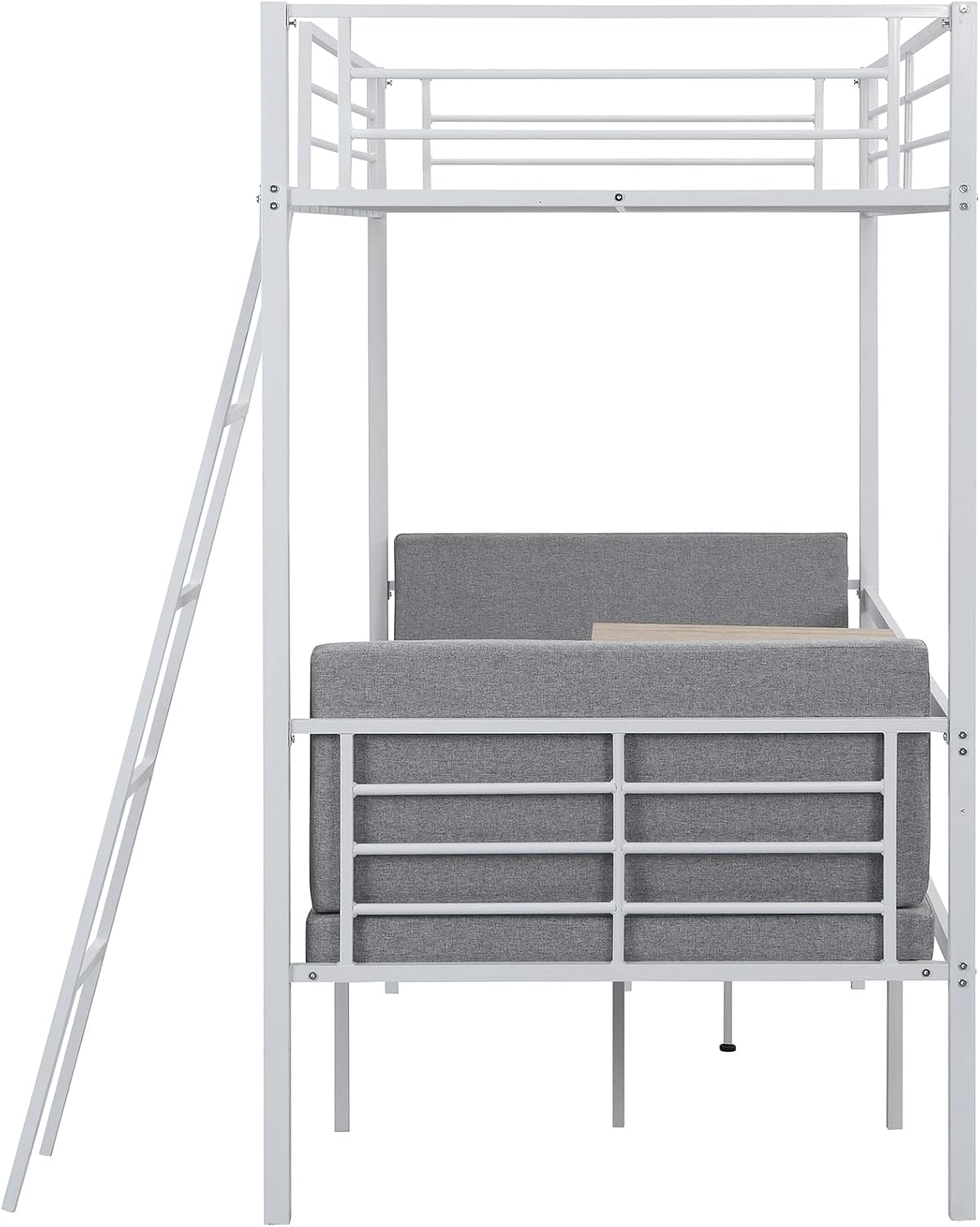 Twin Size Metal Loft Bed with Built-in Wooden Table and Upholstery Chairs Set for Kids Teens, Full Length Guardrails Inclined Ladder, Bedroom, Dorm, Space Saving (White-with Built-in Table)