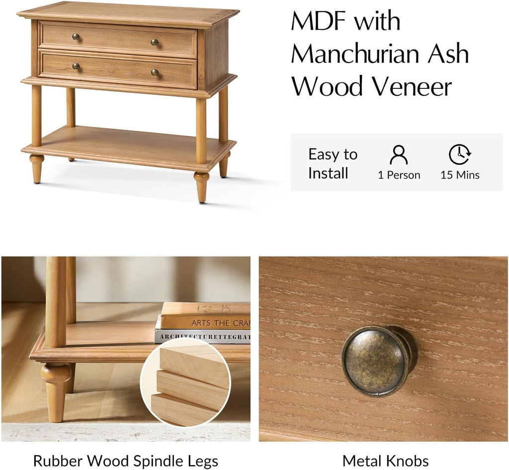 HULALA HOME Farmhouse Nightstand Set of 2 with Drawer & Open Shelf, Natural Wood End Table with Solid Wood Legs, 28.4'' Wide Sofa Side Table with Charging Station(Oak)