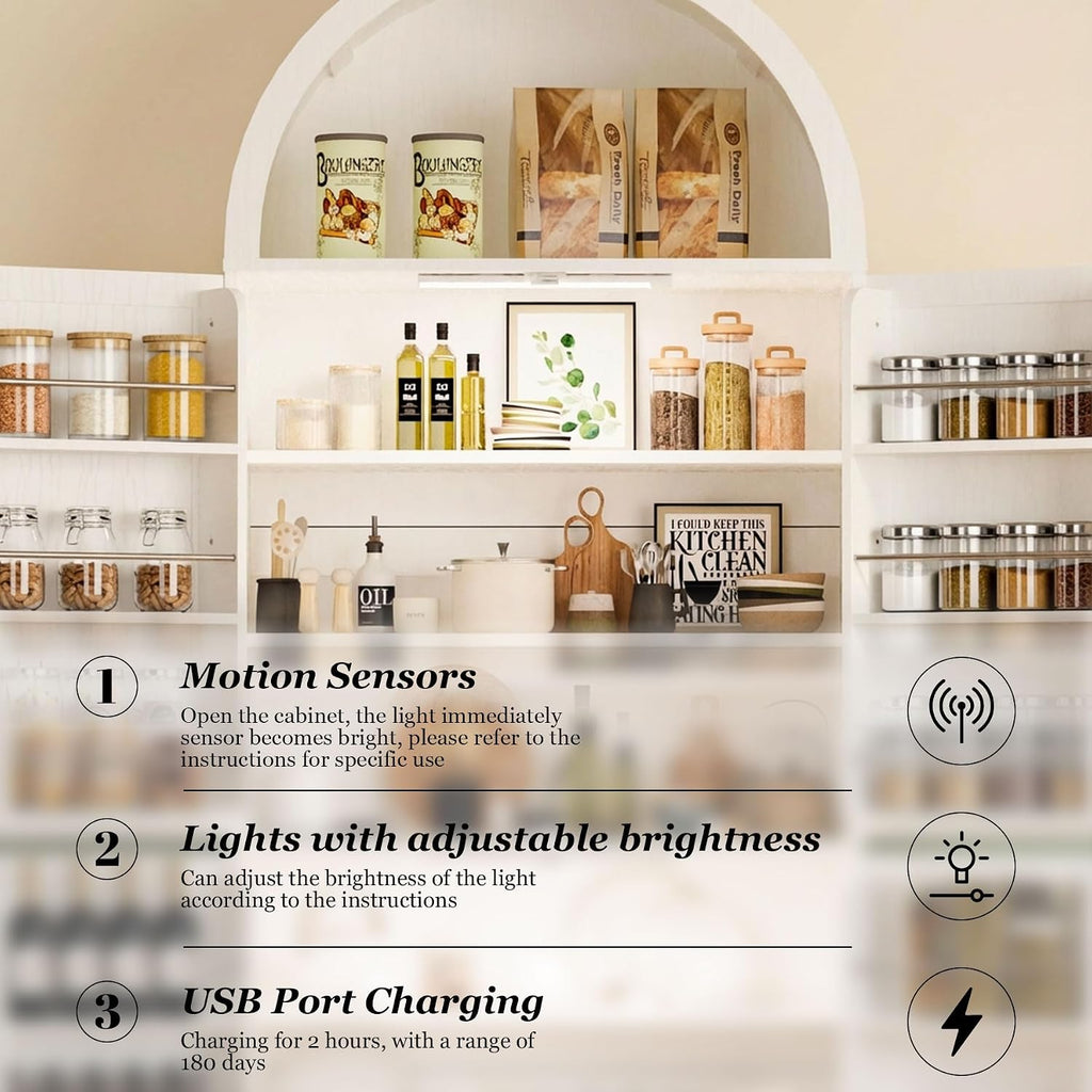 70" Tall Arched Pantry Cabinet, Kitchen Cupboard with Barn Doors, Adjustable Shelves & 3-Color Human Sensor LED Lights for Kitchen/Living Room, White