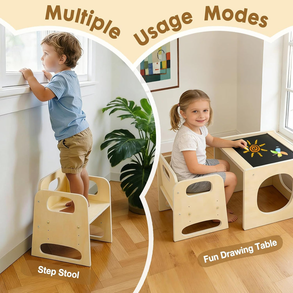 GVOO Montessori Weaning Table and Chair Set, 3 Adjustable Height Toddler Table and Chair Set, for Eating, Reading, Baby Proofing Design, Natural White