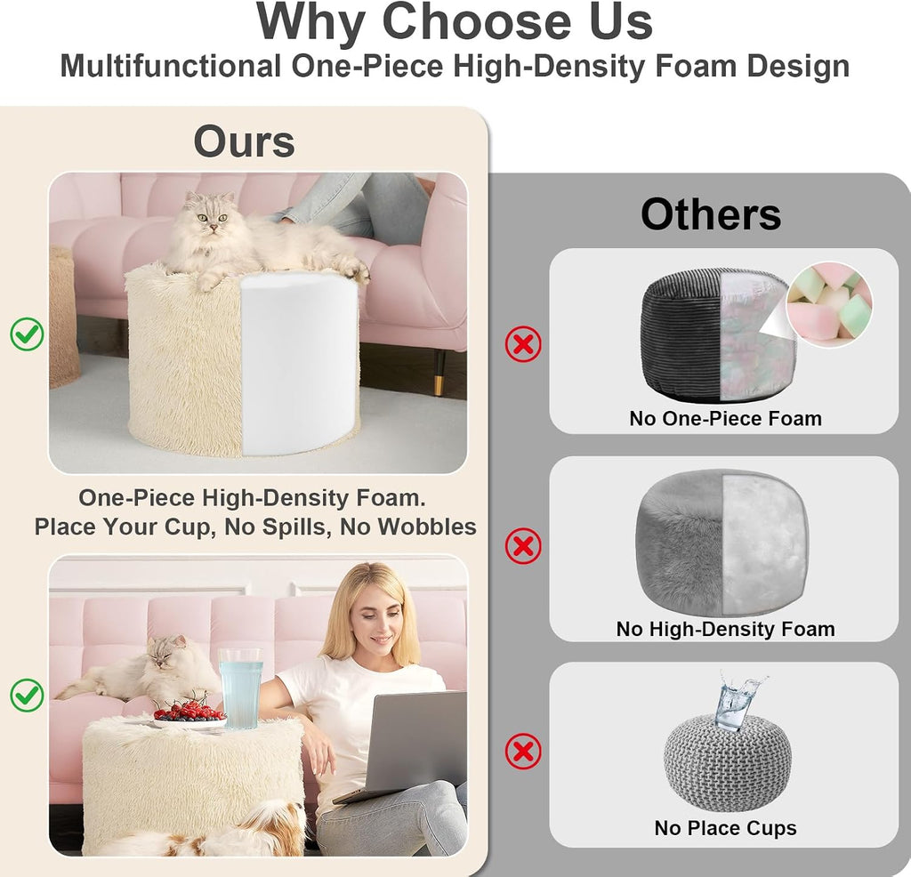 Hansleep Round Pouf Ottoman Foot Rest, Footstool, 17 x 14 Inch, Beige | High-Density One-Piece Foam, Firm & Stable, for Couch, Bedroom, Living Room, Mechine Washable Cover