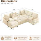 Ihanherry 106-inch Large L-Shaped Sectional Sofa Bed, 7-Seater Convertible Pull Out Sleeper with Storage Ottoman, 4 Pillows & USB Charging Ports, Premium Chenille Fabric for Big Living Room（Beige）