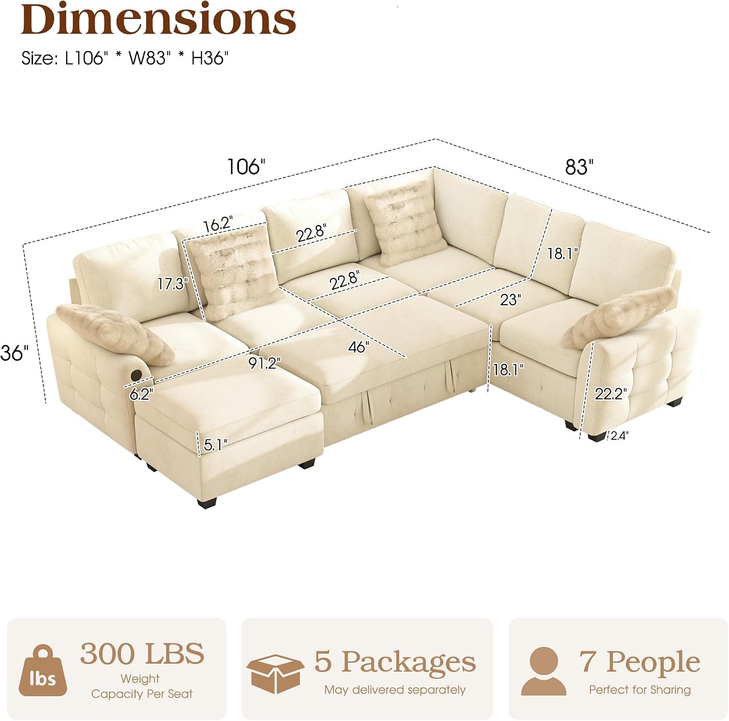 Ihanherry 106-inch Large L-Shaped Sectional Sofa Bed, 7-Seater Convertible Pull Out Sleeper with Storage Ottoman, 4 Pillows & USB Charging Ports, Premium Chenille Fabric for Big Living Room（Beige）