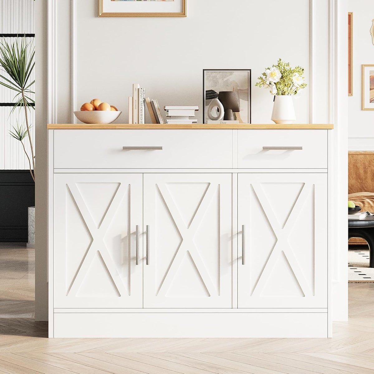 Vongrasig Coffee Bar Cabinet, Farmhouse Sideboard Buffet Cabinet with Storage, Coffee Bar with Drawers and Shelves, Wood Buffet Table for Kitchen, Dining Room, White