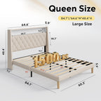 WLIVE Queen Size Upholstered Bed Frame with 48'' Tall Wingback Headboard, Velvet Square Tufted Platform Beds with Charging Station, Sturdy Metal & Wooden Slats Support, Beige