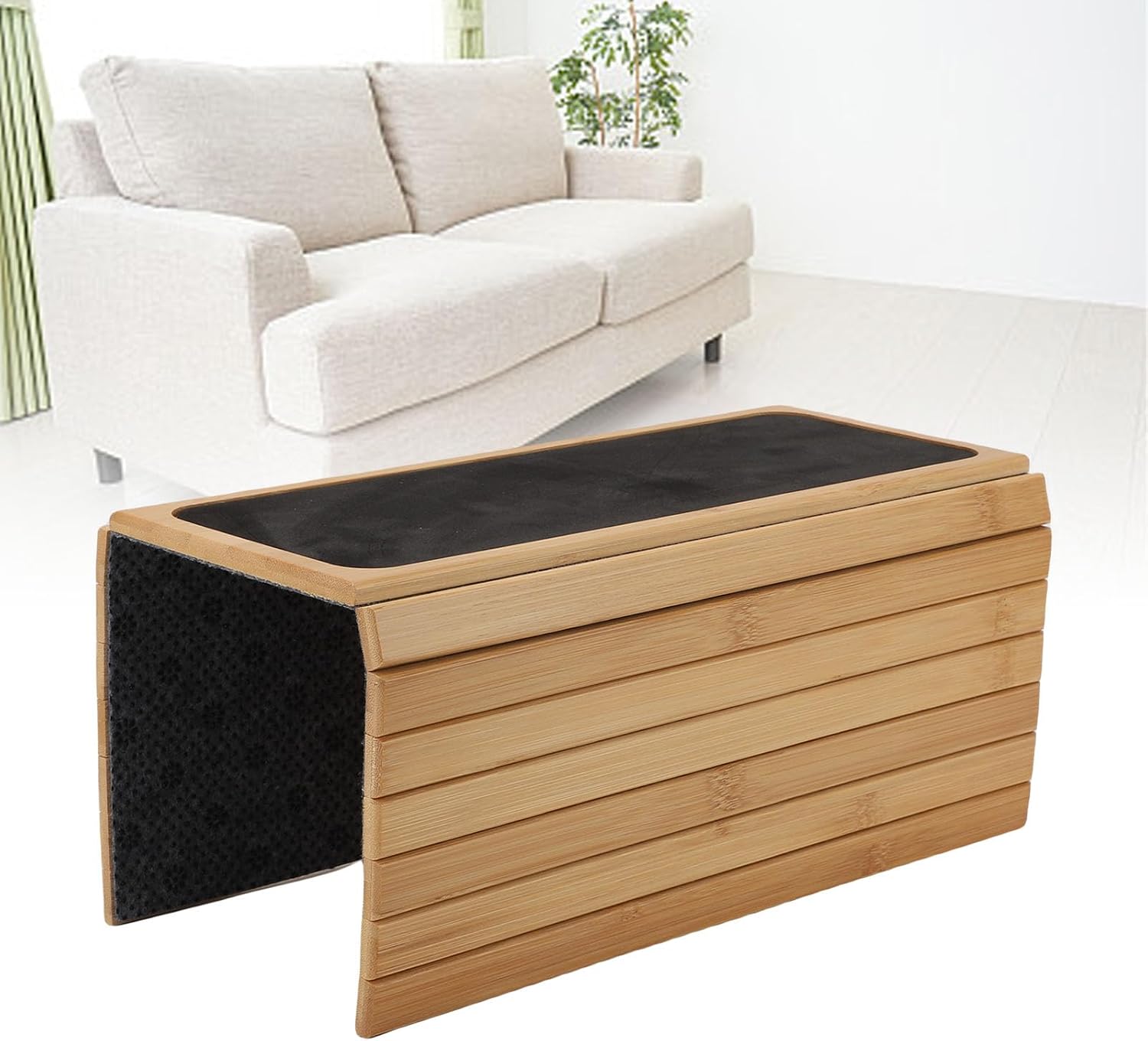 Foldable Bambusoideae Sofa Arm Table, Phone Holder and Snack Tray, Non Slip Couch Arm Table for Remote Snacks