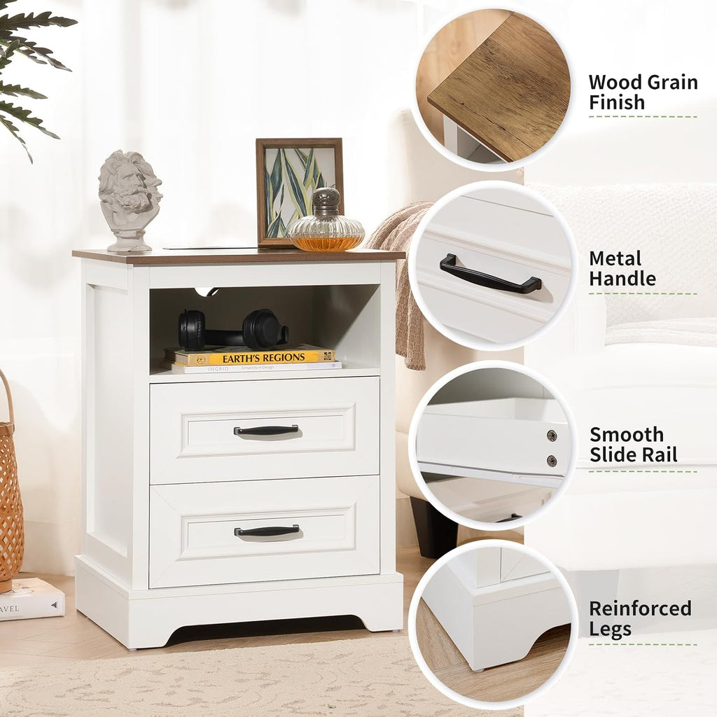 Farmhouse Nightstand with Charging Station, Wood Night Stand with Drawers, Bedside Table, Nightstands with Open Storage Shelf, Rustic Night Stands for Bedroom, Closet, 18" Wide, 24" Tall