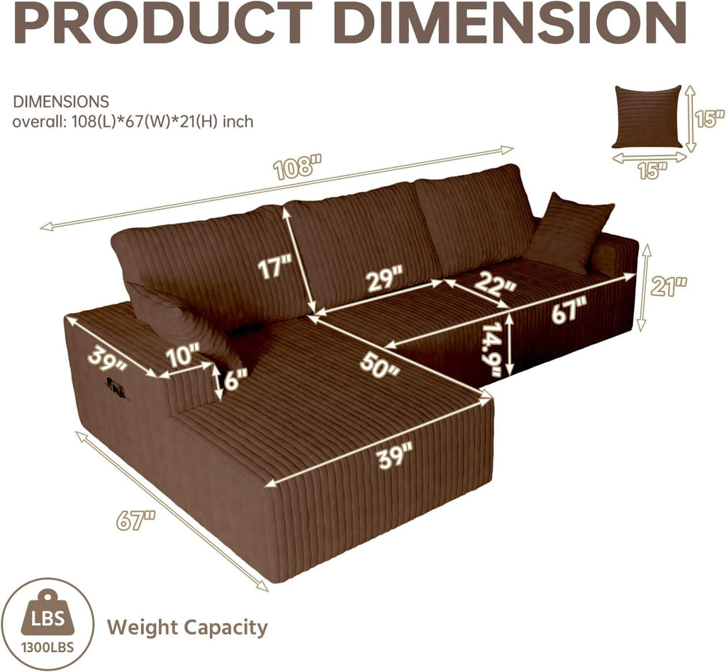 108" Brown Modular Sectional Cloud Couch for Living Room Deep Seat L Shapes Couch with Oversized Chaise Lounge, Comfy Memory Foam Flannel Fabric Sofa for Bedroom Apartment