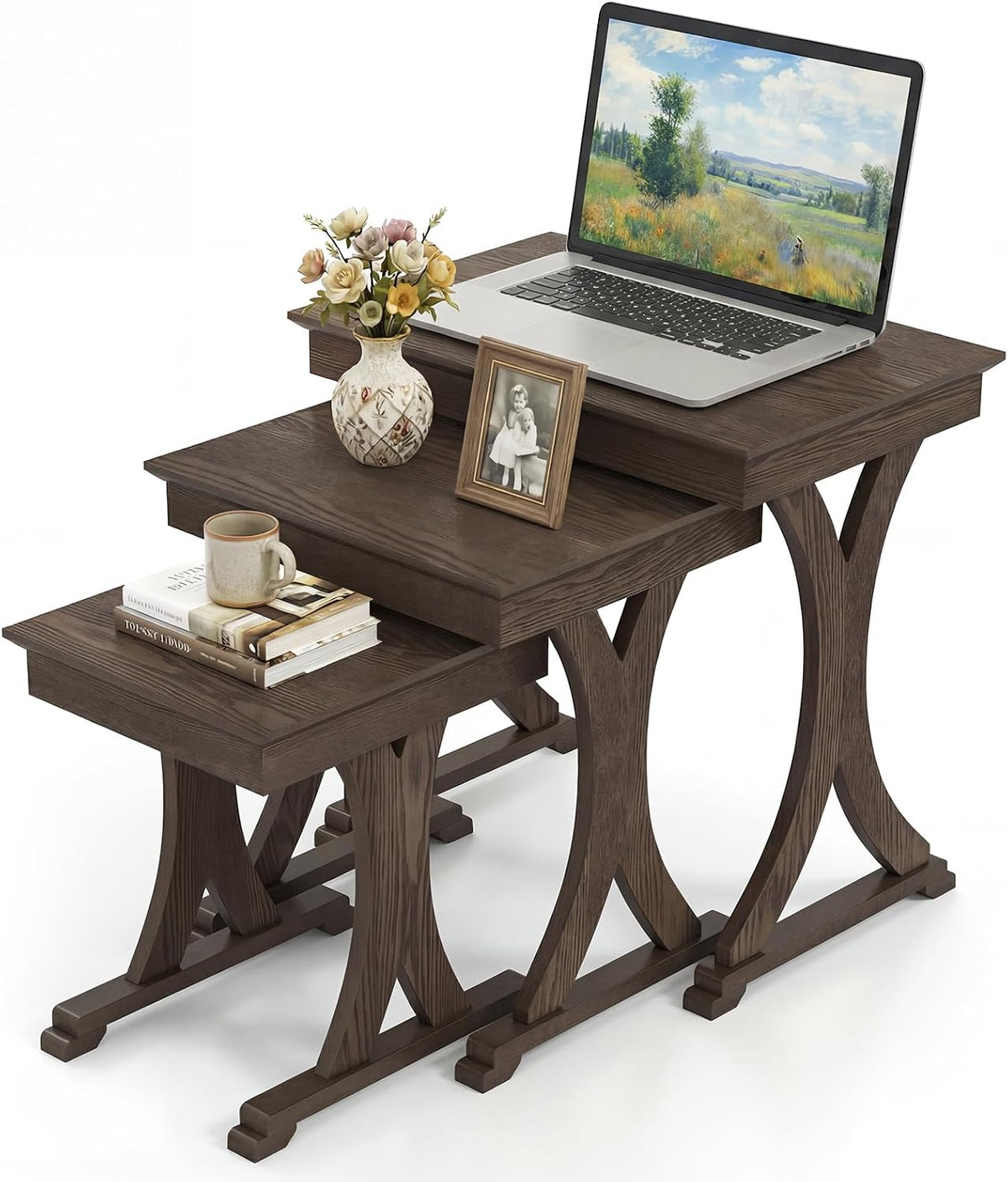 GIANTEX Nesting Coffee Table Set-of-3 - Stackable Rectangular Sofa End Side Table w/Solid Rubber Wood Legs, Vintage Farmhouse Night Stand for Bedroom Living Room Home Office Small Spaces