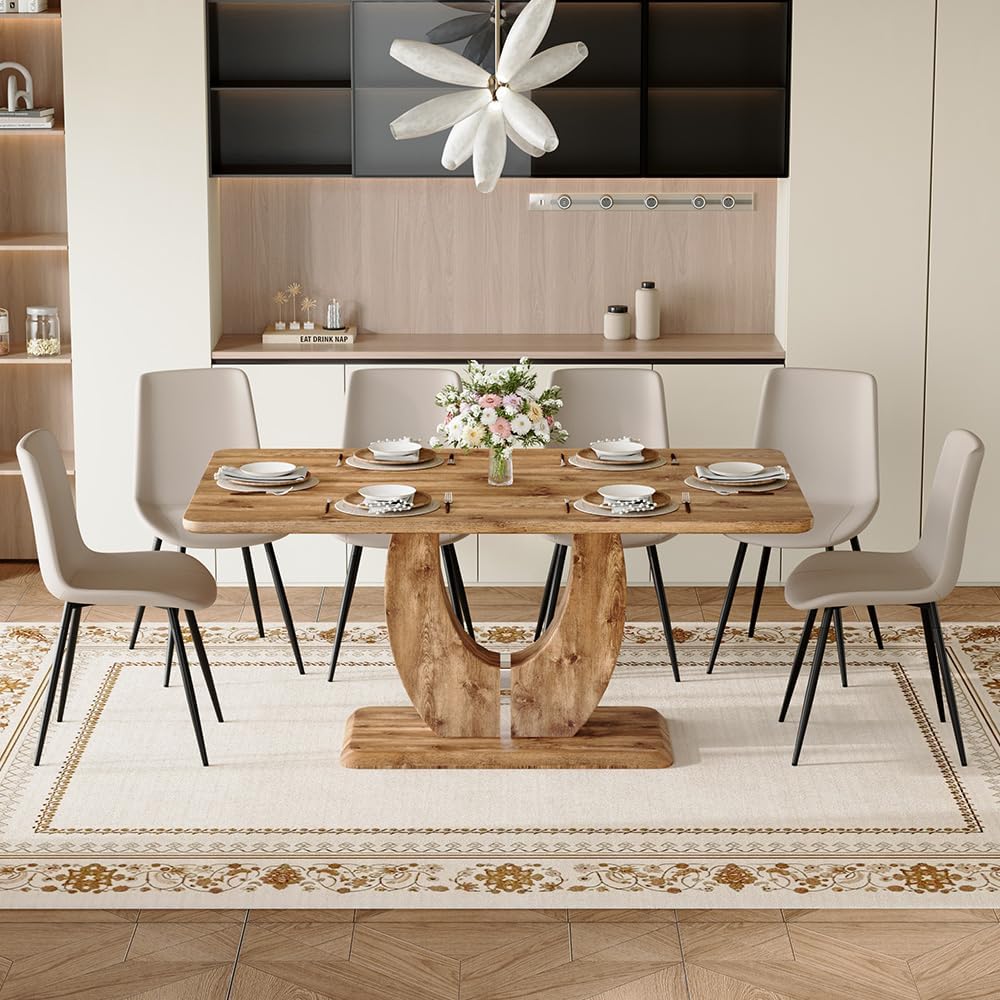 Modern Dining Table Set for 6, 63" Wood Kitchen Table with 6 PU Leather Upholstered Chairs, Farmhouse Style with 1.8" Thick Top and U-Shape Legs, 7 Piece Dining Room Set for Apartment or Kitchen