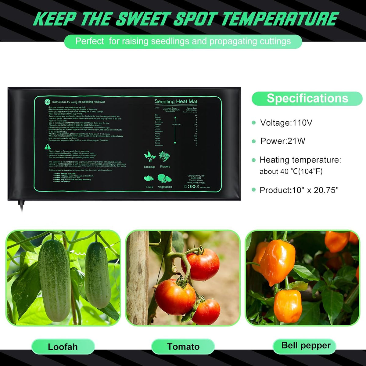 ROCEEI 6 Pack Durable Seedling Heat Mat 10 x 20.75 Waterproof Plant Heating Pad Warm Hydroponic Grow Mat for Greenhouse Grow Seed Starting Plant Germination (Black,Green)