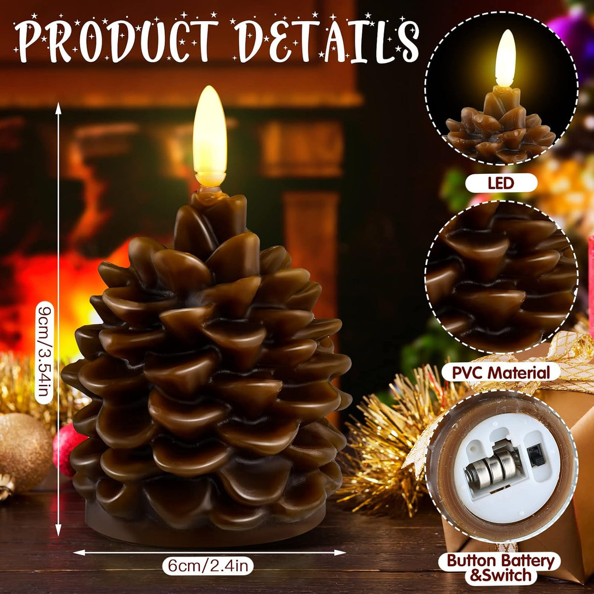 Hortsun 4 Pieces Christmas Pinecone Candles Flameless Acorn Decor LED Pinecone Candle Decor Real Wax Unscented Battery Operated Candle for Thanksgiving Christmas Winter Holiday Decoration(Brown)