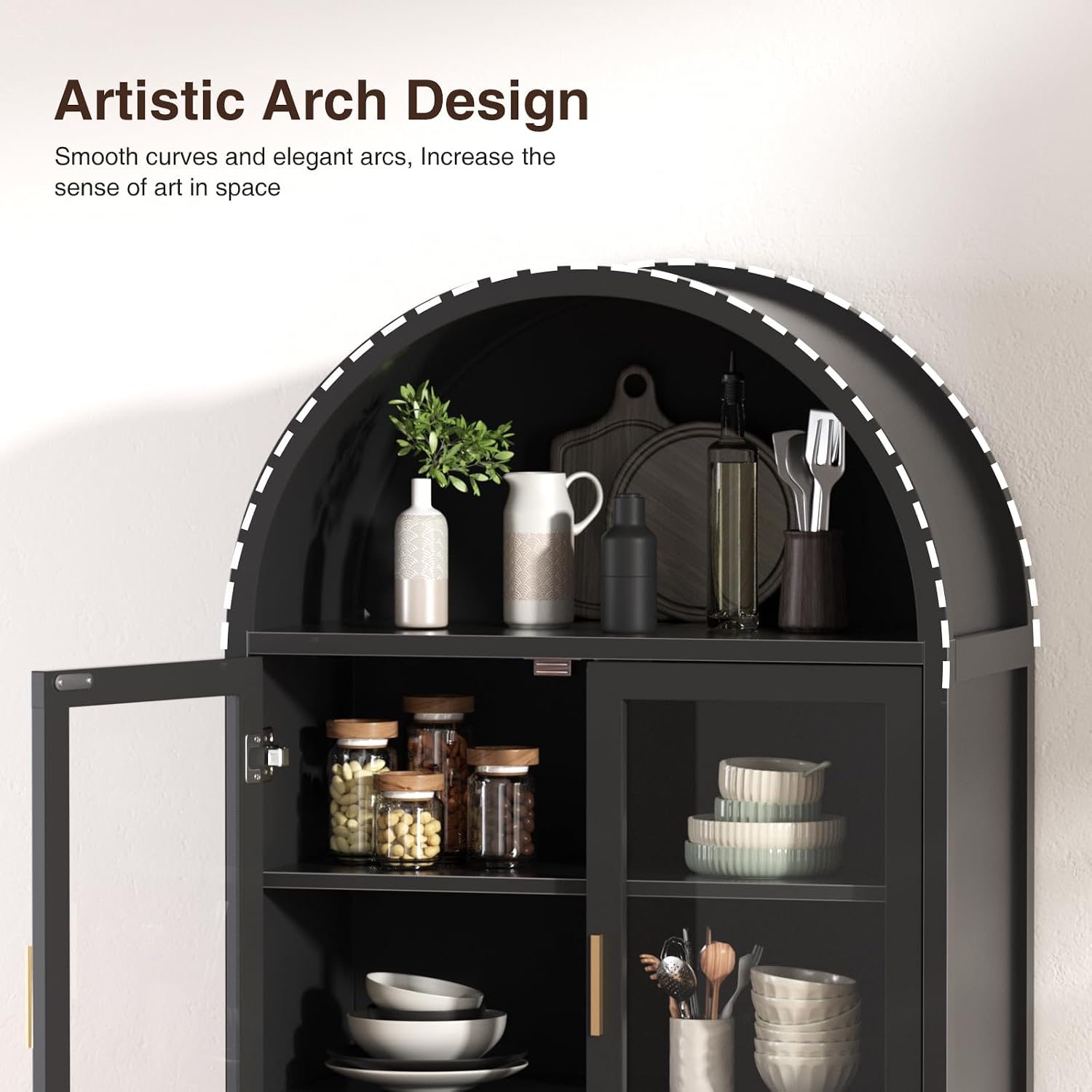 FiveWillowise Kitchen Pantry Cabinet with Glass Doors - Arched Design, Solid Wood Legs, Artistic Fluted Door, Adjustable Shelves, 70.8" Curved Storage Cabinet for Kitchen, Dining Room