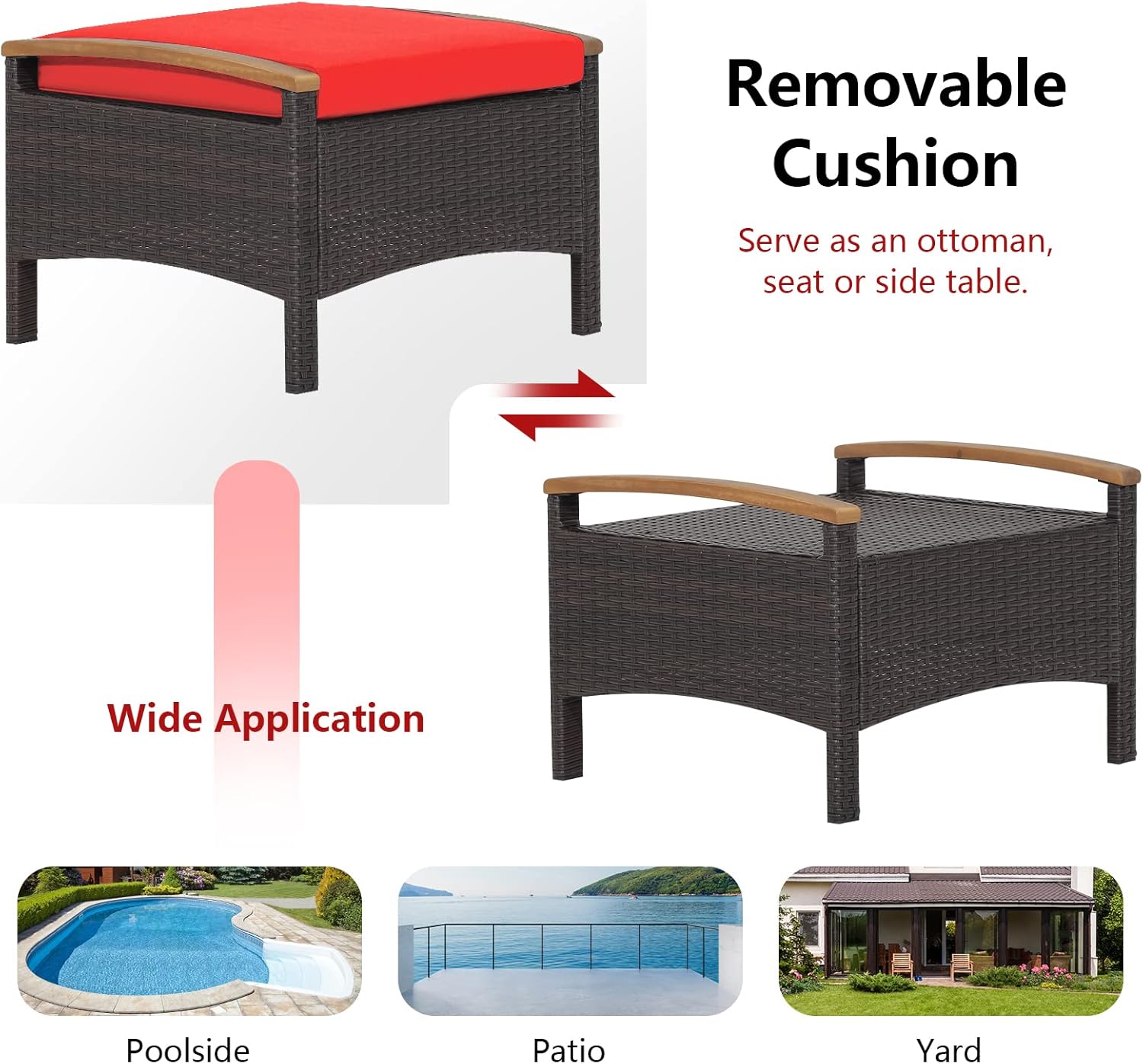 ORALNER Outdoor Ottoman, Set of 2 Rattan Footstools, All-Weather Wicker Foot Stools w/Removable Cushions, Patio Footrest Extra Seating for Porch, Poolside, Garden, Deck, Easy Assembly (Red)
