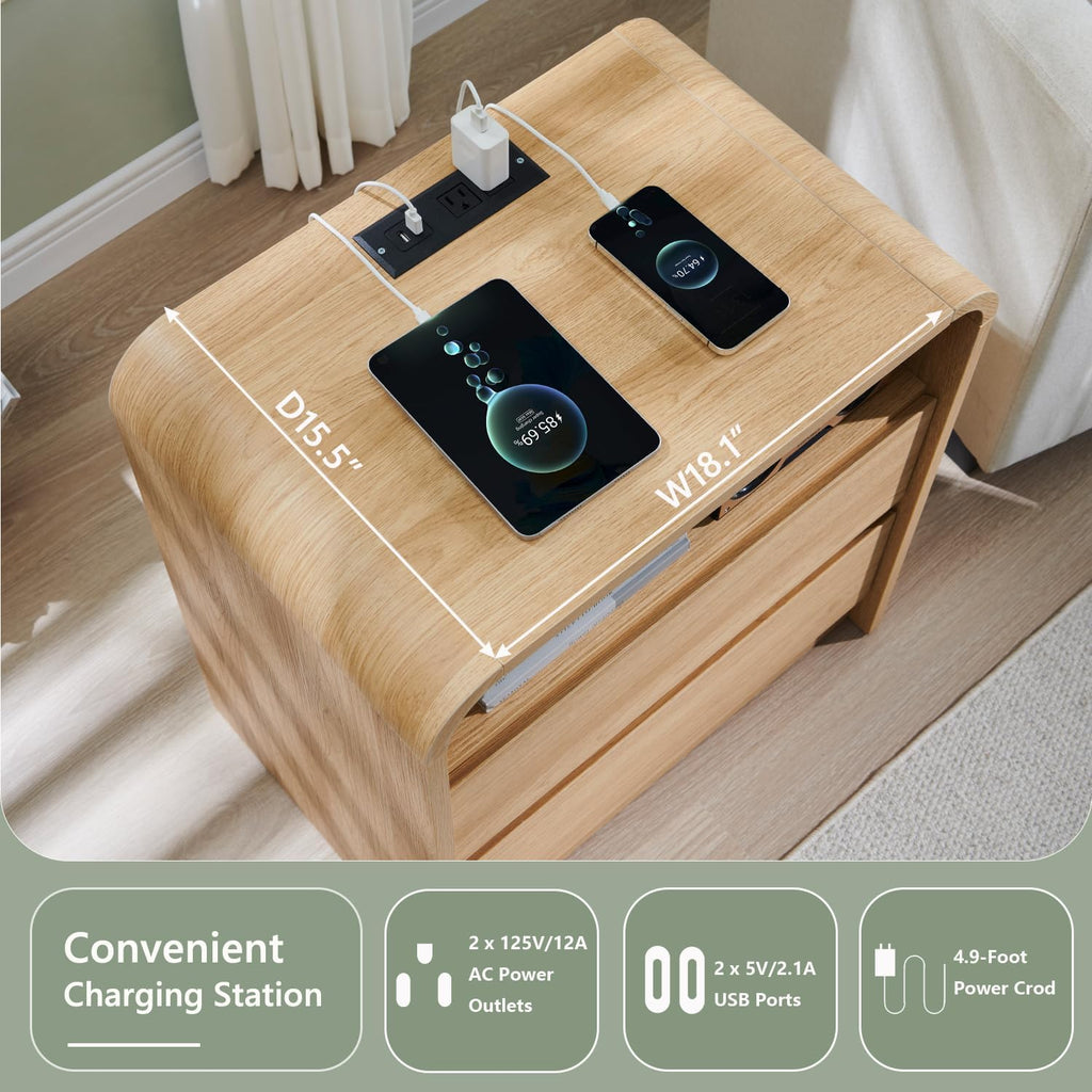 Aitjunz 25" Tall Modern Nightstand Set of 2, 23.6'' Wide Wood Bedside Table w/2 Storage Drawers, Charging Station, Mid Century End Table for Bedroom, Living Room,Curved Profile Design, Natural Oak