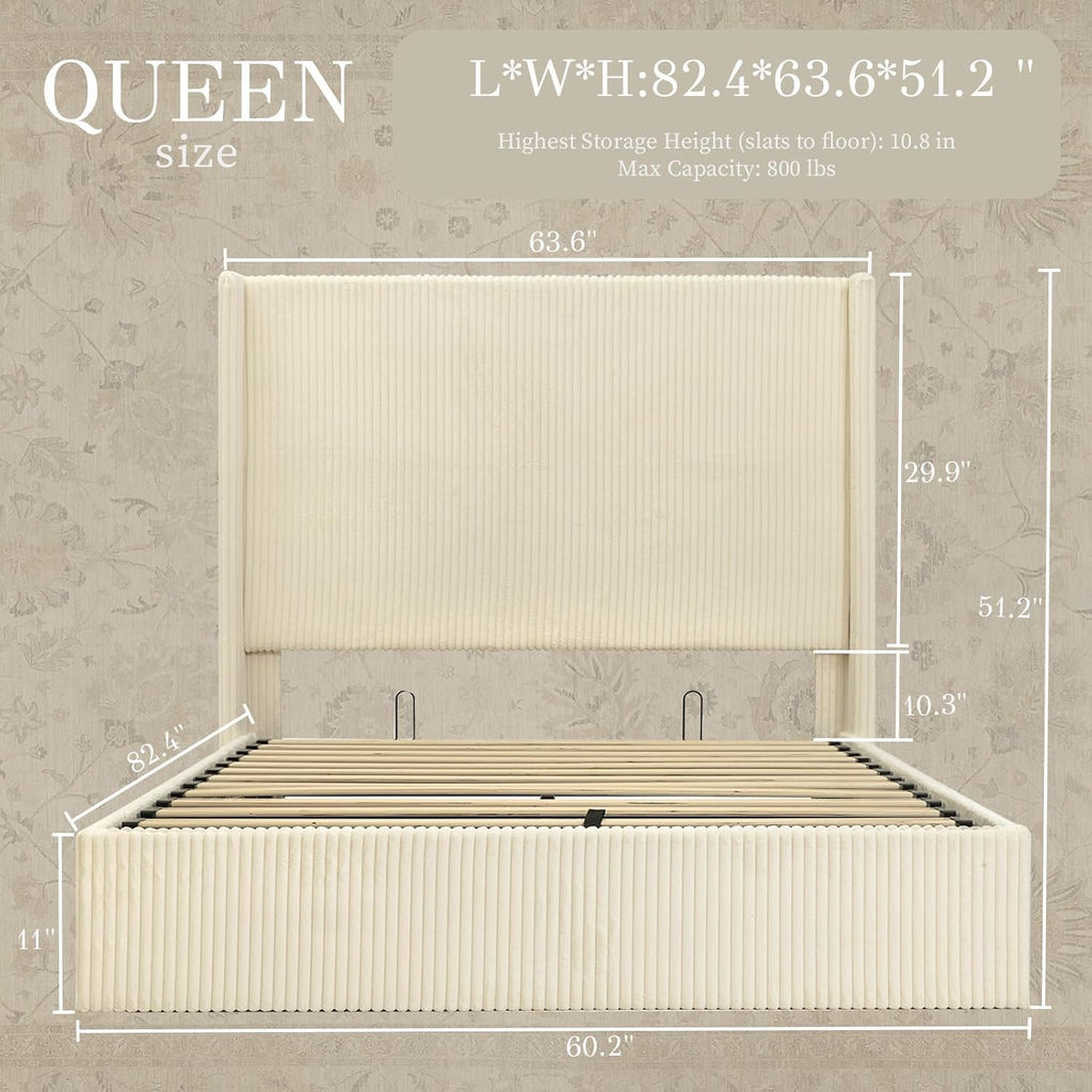 Yechen Queen Bed Frame with Lift Up Storage, 51.2" Tall Headboard and Upholstered Wingback Platform Bed Frame, Hydraulic Support, No Box Spring Needed, Beige Corduroy