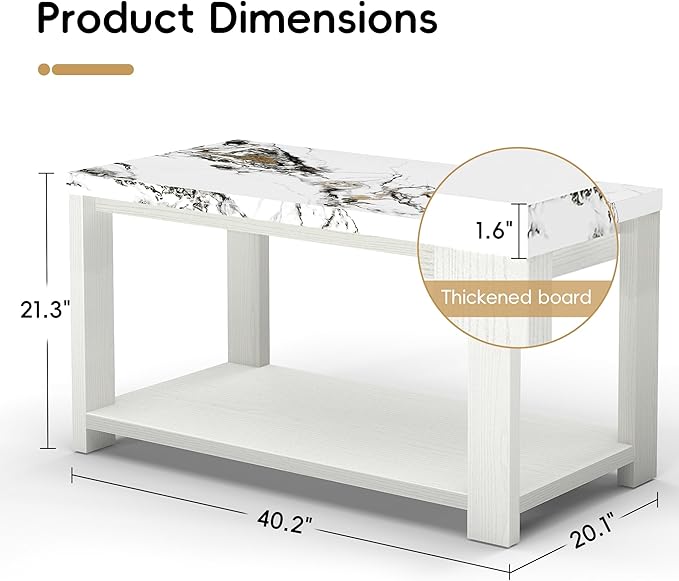 Coffee Table 40" Faux Marble White Oak 2-Tier Rectangle Thickened Modern Wooden Center Table for Living Room, Conference Room, Small Space Home Furniture (Classic White Oak)