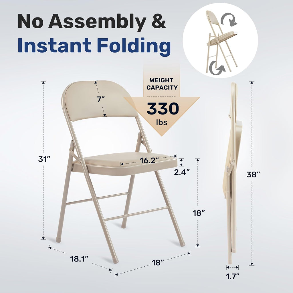 Simple Deluxe Dining Chairs Set of 4, Leather Cushion Foldable Contemporary Kitchen Side Chair with Padded Back & Sturdy Metal Legs, Upholstered Seat for Home/Living Room/Bedroom/Cafe, Tan