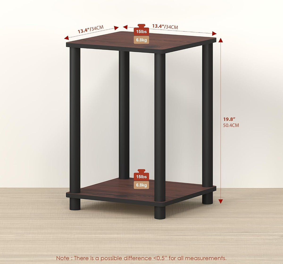 Handa 2-Tier Side Table, Set of 2 End Table, Night Stand, for Living Room, Bedroom, Dark Mahogany/Black