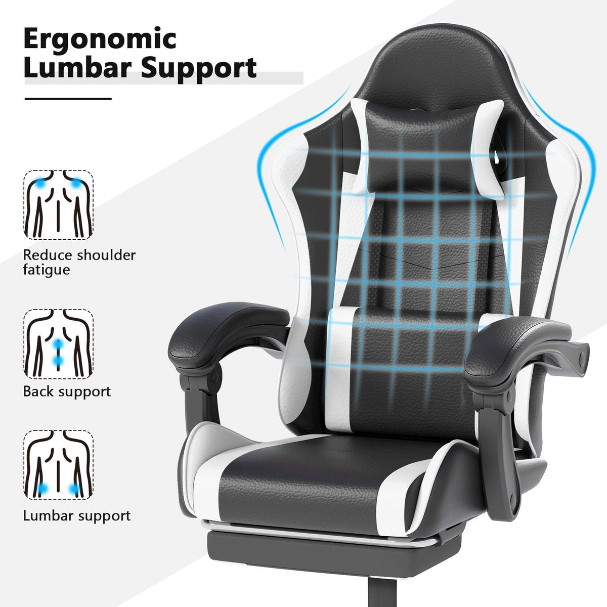 OS MOTOR Gaming Chair with Headrest and Lumbar Support, White | Ergonomic High Back Office Chair, Racing Style Executive Computer Desk Chair, Leather Adjustable Swivel Task Chair, Home