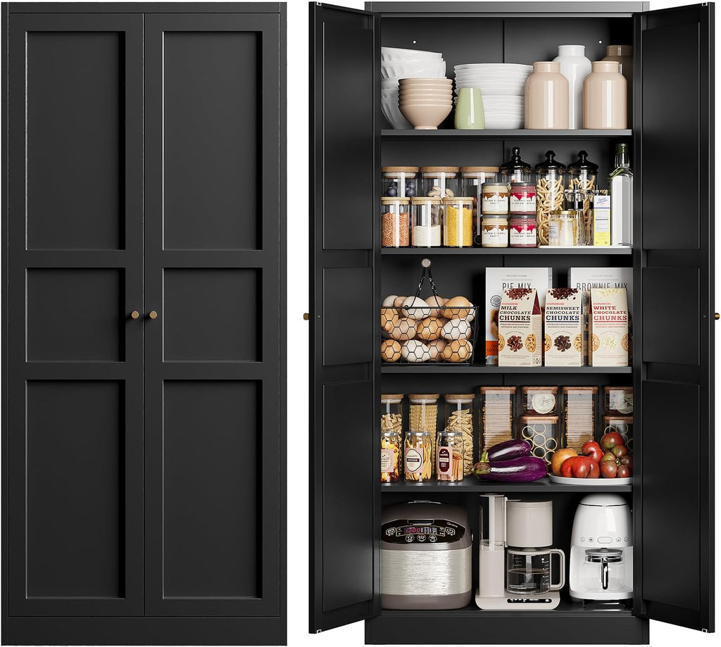 Yizosh Metal Storage Cabinet with 2 Doors and 4 Adjustable Shelves - 71" Black Kitchen Pantry Storage Cabinet, 4-Tier Tall Steel Cabinet Locker for Kitchen, Living Room, Dining Room