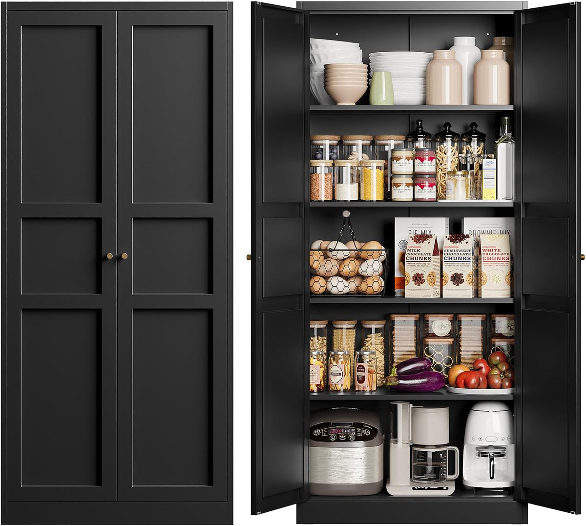 Yizosh Metal Storage Cabinet with 2 Doors and 4 Adjustable Shelves - 71" Black Kitchen Pantry Storage Cabinet, 4-Tier Tall Steel Cabinet Locker for Kitchen, Living Room, Dining Room