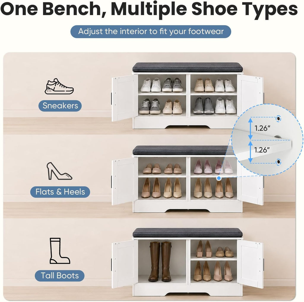 NEWBULIG Shoe Bench with Storage for Entryway, 39.4" Shoe Storage Bench | Modern Farmhouse 2-Doors Hidden Shoe Organizer Bench with Padded Cushion Seat & Adjustable Shelves for Mudroom Bedroom White