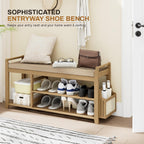Homaxy 2-Tier Shoe Rack Bench with Side Holder, 39.4 in Bamboo Entryway Bench, Shoe Rack Organizer with Cushion for Front Entrance, Hallway Living Room Bedroom, Walnut and Light Brown