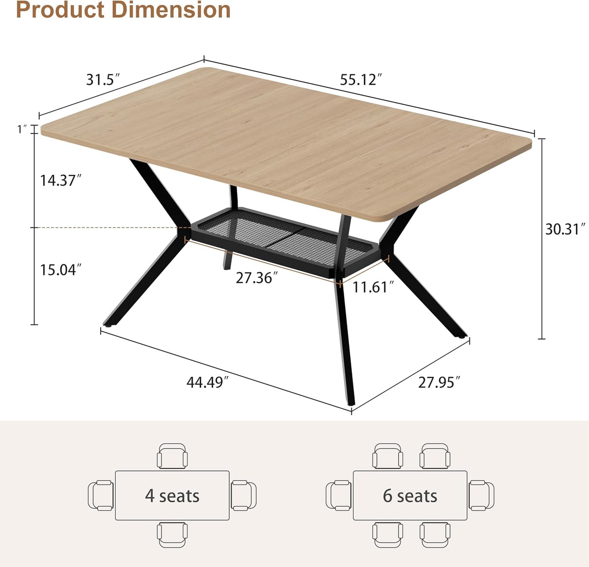 MECHYIN 55" Dining Table for 4-6, Industrial Kitchen Table with Spacious Storage Shelf, Sturdy Metal Frame Rectangle Dining Table for Dining Room, Small Apartments, Home Office