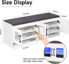 Shoe Bench with Thickened Cushion,Entrance Bench with Glass Door and Ambient Light,Three-Layer Shoe Rack,Color Changing Light Strip, Two Large Storage Spaces,Living Room,Bedroom,White